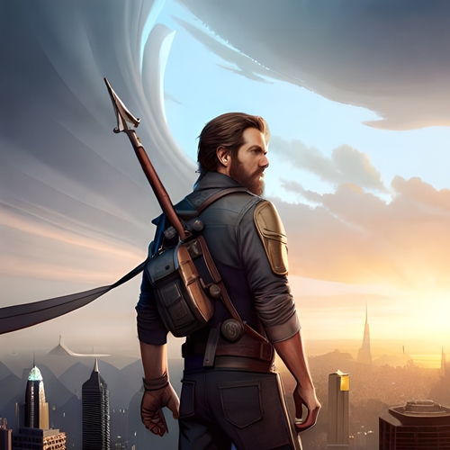 Um herói de videogame, armado sobre uma cidade moderna